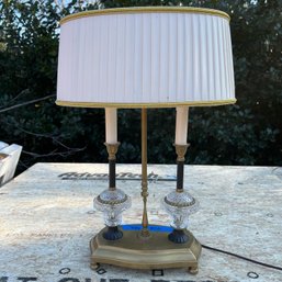 An Italian Brass And Crystal Candlestick Style Desk Lamp With Pleated Shade