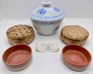 2 New Filipino Stoneware Bowls In Cases With Certificates Of Authenticity & Chinese Porcelain Covered Bowl