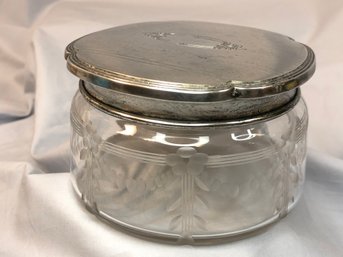 Wonderful Large Antique Sterling Silver Lidded Powder Jar With Etched Glass Base - Great Condition - Nice !