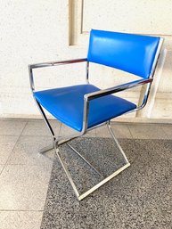 Incredible Vintage Mid Century Royal Blue Vinyl Upholstered X Base Chrome Armchair By Shelby Williams