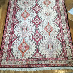 Beautiful Vintage Hand Made Rug - VERY FLAT WEAVE - Original Fringe - With Old Lead Tag - 58' X 40' COLORS !