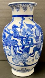 Vintage Asian Vase - Unmarked - 12 Inch H - Blue & White - Floral Fruit Decoration - Porcelain Ceramic
