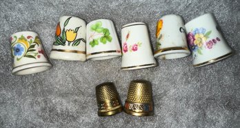 Lot Of 8 Vintage Thimbles Porcelain And Brass ~ Grandmother California Etc ~