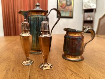 American Victorian Reed And Barton Silverplate Pitcher And Creamer Set, W/ Salt & Pepper Shakers