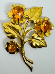 VINTAGE GOLD TONE ORANGE STONE FLOWER BROOCH