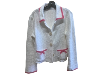 Willow White Sweater Knit Cropped Jacket With Pink Ribbon Accent - Size M