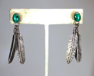 Pair Vintage Sterling Silver Southwestern Feather Pierced Earrings W Malachite