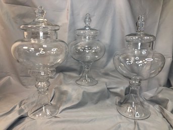 Lot Of Three Large Hand Blown Apothecary Type Jars - Very Decorative Pieces - All Good Condition - Nice !
