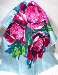 Fine Vintage Silk Scarf Having Pink/red Flowers Over A Light Blue Ground