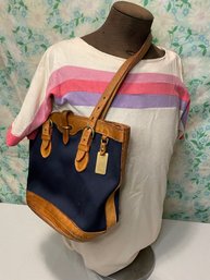 Vintage Dooney And Bourke Cabrio Small Bucket Bag Canvas Leather Navy Blue
