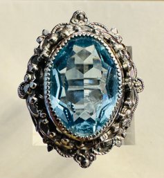 VINTAGE SIGNED WHITING & DAVIS FANCY SILVER TONE BLUE STONE RING