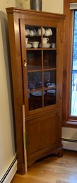 Lot 1 - Wooden Corner Cabinet Decorative Leaf Hinges 6 Shelves One 8 Pane Glass Door 29x14x74
