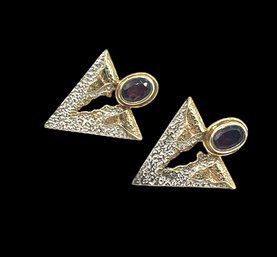 Vintage Sterling Silver Vermeil Ruby Color Triangle Earrings