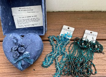 2 NEW Necklaces With Matching Earrings & NEW Handmade SAA Paper Heart Box