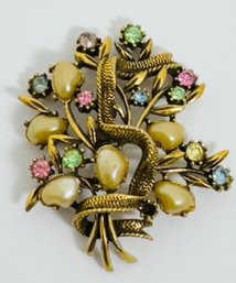 VINTAGE SIGNED CORO MULTI COLOR RHINESTONE AND FAUX PEARL BROOCH