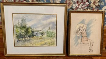 Original Robert Anderson Watercolor Landscape & Original Boudoir Drawing