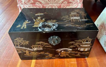 Black Color Chest Box With Beautiful Hand Painted Asian Scenes