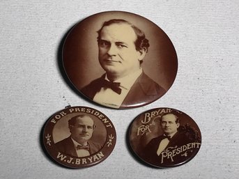 Lot Of Three (3) Quite Rare W J  Bryan For President Pin Lot - Nice Condition - Three Pins For One Bid