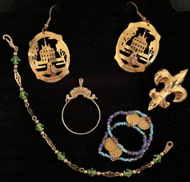 Vintage Jewelry Lot 11 - Williamsburg Earrings - Charm Pendant - Fleur De Lis Pin - Gold Tone Green Bracelet