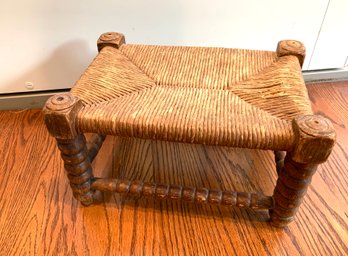 Antique Small Turned Wood And Rush Footstool