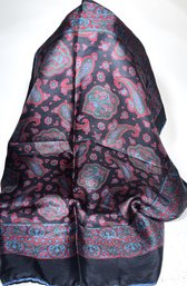 Very Fine Blue Red Paisley Over Black Border Designer Silk Scarf