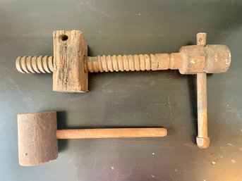 Two 19th Century Hand Made Wood Vice & Mallet