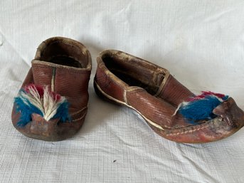 Antique Greek Opanke Tsarouchi Style Child's Leather Shoes With Feather Flourishes