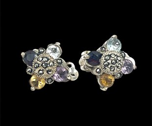 Beautiful Vintage Sterling Silver Multi Color Marcasite Clip On Earrings