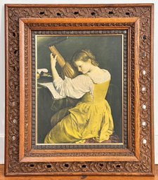 A Vintage Print In 19th Century Carved Oak Frame