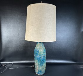 A Fabulous Vintage Mid-Century Handcrafted Pottery Lamp With A Linen Drum Shade