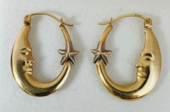 VINTAGE 10K GOLD MOON & STAR HOOP EARRINGS