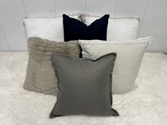 Six Throw Pillows In Grey, White & Black With Pair Of Euro Shams