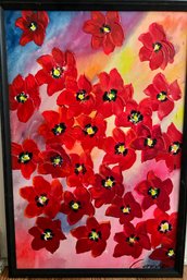 Framed Oil Painting On Canvas Poppies Signed 26' X 17.5'