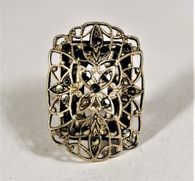 Vintage Sterling Silver Filigree Art Deco Ring Having Marcasites Size 4