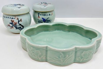 2 Vintage Korean Covered Bowls & Ceramic Catchall Dish