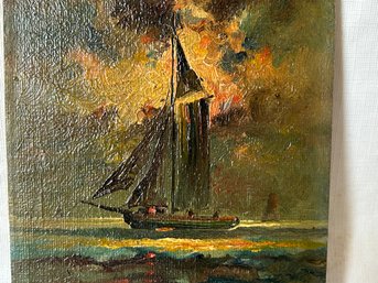 Fine Antique Late 19th Century Impasto Painting On Board Of A Schooner In Stormy Seas