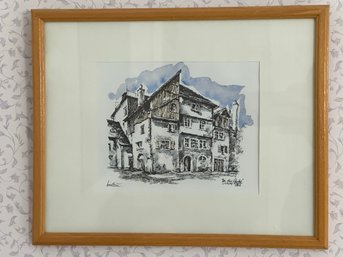 Ink And Marker Drawing Of House In Germany In Frame