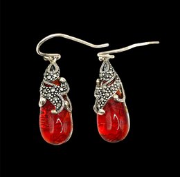 Lovely Sterling Silver Clear Red Stone Dangle Earrings