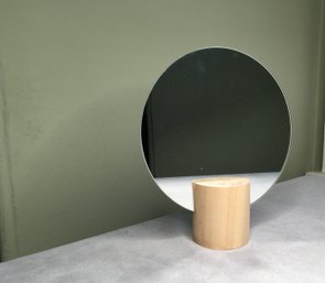 (1 Of 2) MINIMALIST SCANDI STYLE MODERN VERSATILE ROUND MIRROR, WOODEN BASE HANDLE