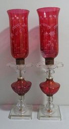 Pair Of Bohemian Cranberry Cut To Clear Candle Lamps