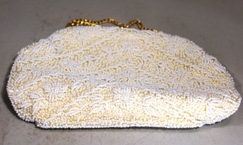 Vintage White Glass Beaded 1950s 1960s Ladies Evening Bag Purse
