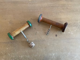 Lot Of 2 Vintage Sewing Spool Corkscrews Bottle Opener