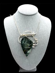 Gorgeous Large Sterling Silver Polished Agate Stone Pendant On Long Italian Sterling Silver Chain