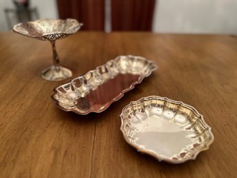 Silver Plate Chippendale Vintage Lovelace Filigree Compote, With Small Scalloped Tray And Plate