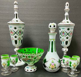 Set - Bohemian Art Glass Moser - White Cased Cut To Green Floral - Bowl - Covered Urn - Decanter & Glasses