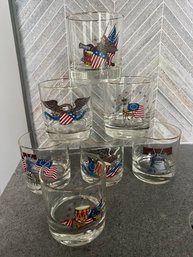 Set Of 7 Old Fashioned Gold Rimmed 8 0z Bicentennial Glasses