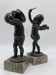 Claude Michel 'clodion' Signed Pair Of Bronze Sculptures Of Playing Putties.