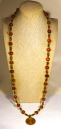 Vintage Ethnographic Colored Glass And Brass Beaded Necklace 30' Long