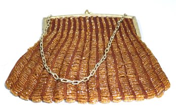 Antique Vintage Gilt Brass Framed Evening Bag Purse Micro Glass Beaded Purse