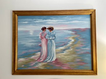 Painting Of Two Women Strolling By The Sea, Signed